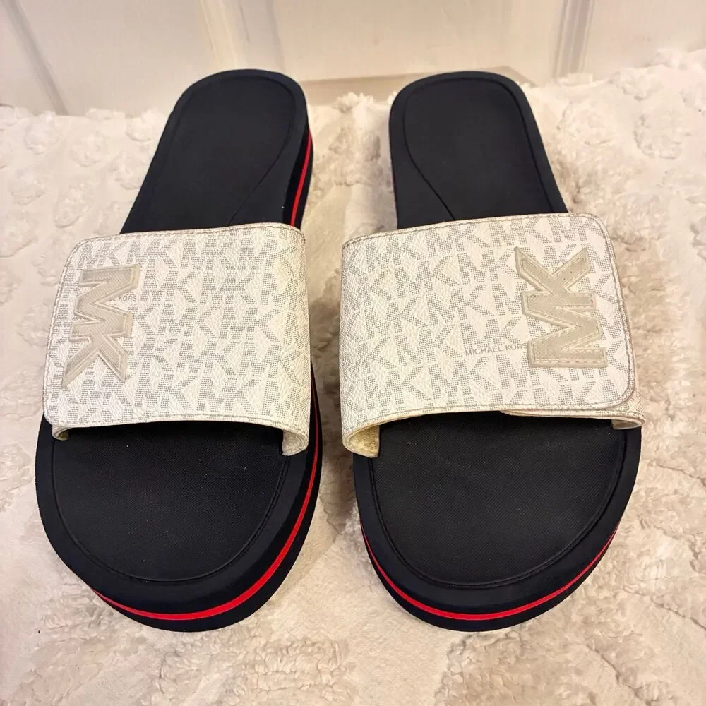 RUNWAY MICHAEL KORS WHITE BLUE RED LOGO SLIP ON SANDAL SLIDE Womens Size 10
